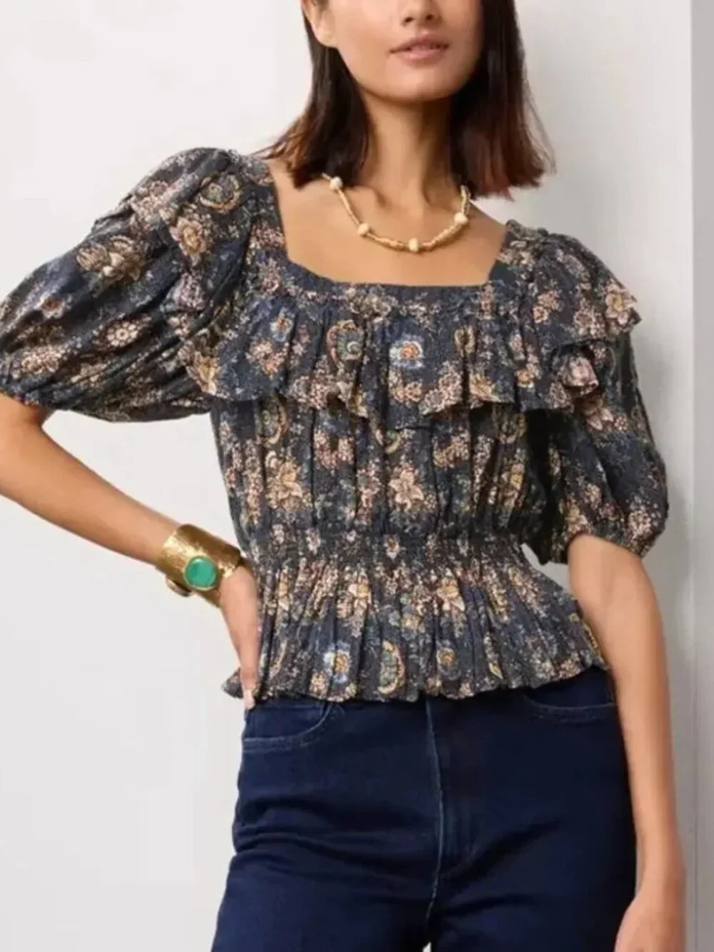 Ulla Johnson‎ Blue Brown Floral Tiered Puff Sleeve Top